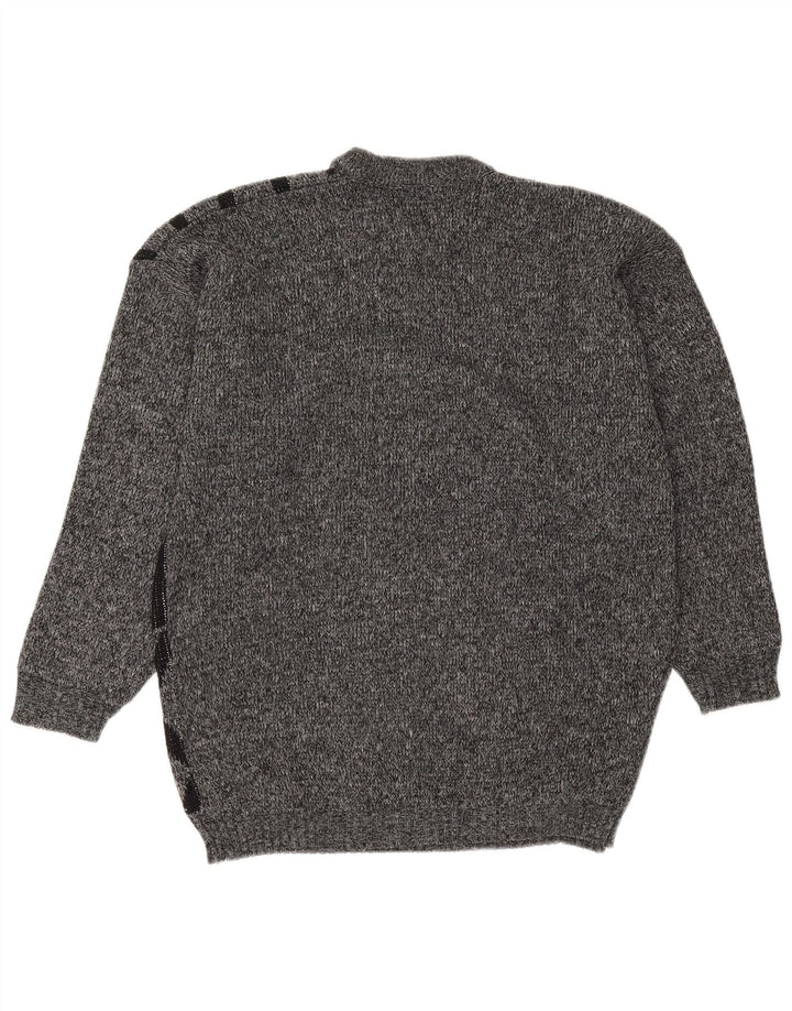 Vintage hombres cuello redondo jersey suéter medio gris geométrico acrílico