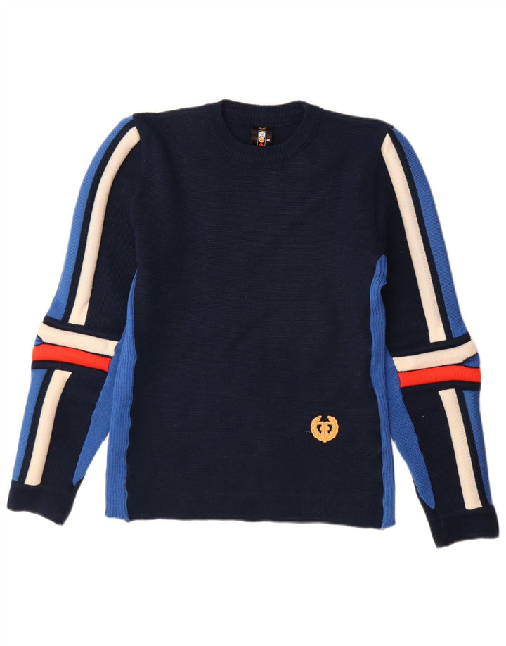 Vintage hombres cuello redondo jersey suéter IT 48 medio azul marino colorblock