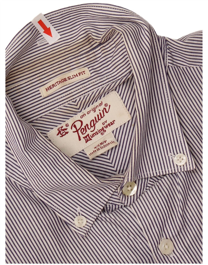 PENGUIN Camisa Heritage Slim Fit para hombre, talla pequeña, algodón a rayas azul marino