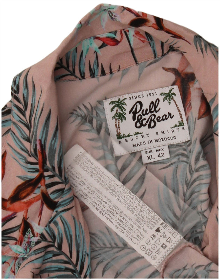PULL & BEAR Camisa Manga Corta Hombre XL Rosa Floral Viscosa Hawaiana