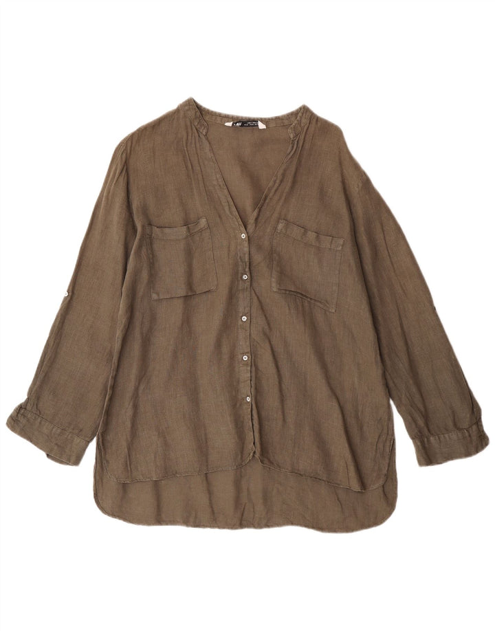 Zara Blusa de manga 3/4 para mujer UK 44 Medium Khaki Linen