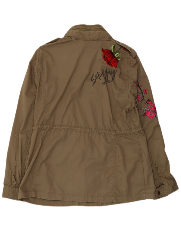 DESIGUAL Womens Graphic Military Jacket EU 42 Large Khaki Cotton Butterfly