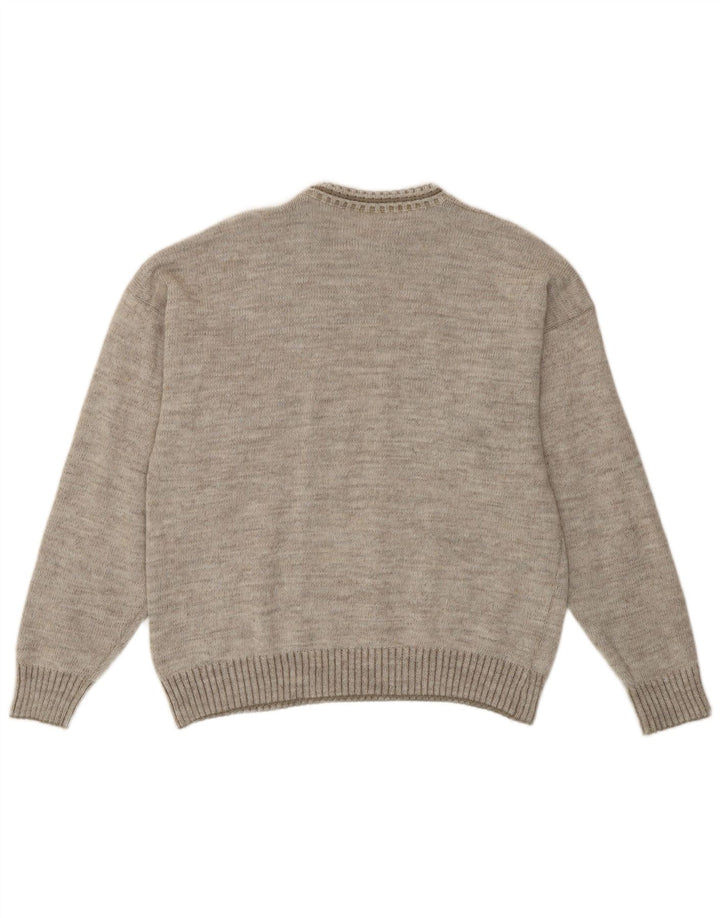 Vintage hombres cuello redondo jersey suéter medio gris geométrico retro
