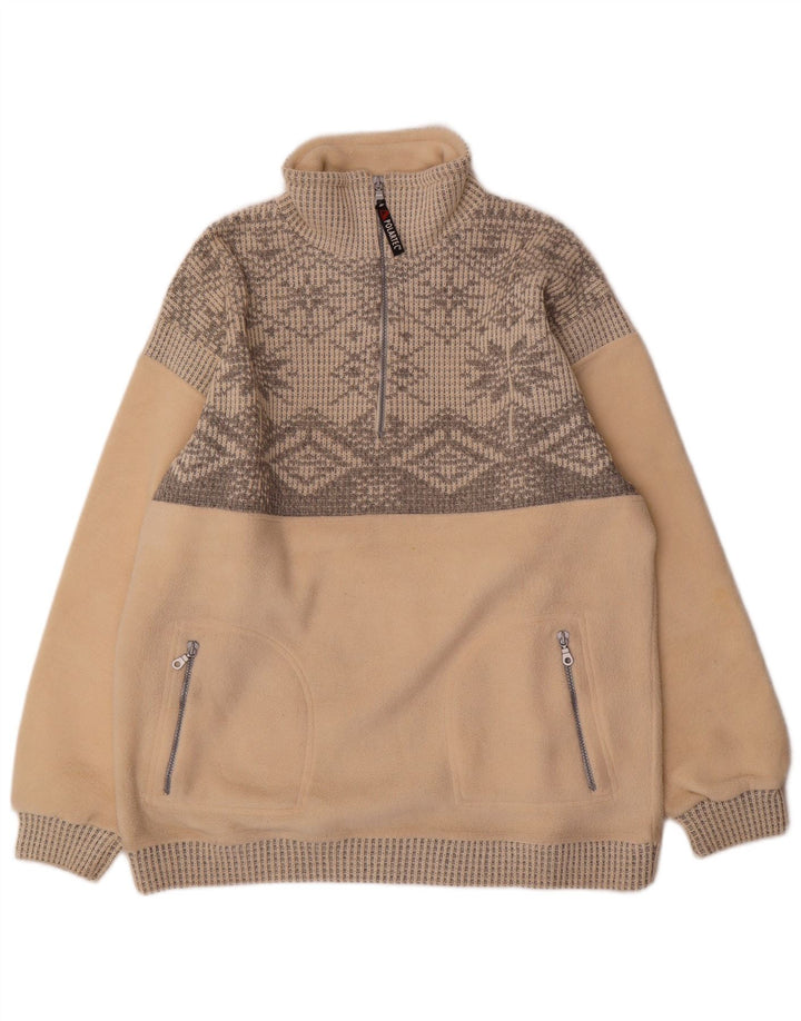 Vintage hombres zip cuello polar jumper grande beige fair isle poliéster