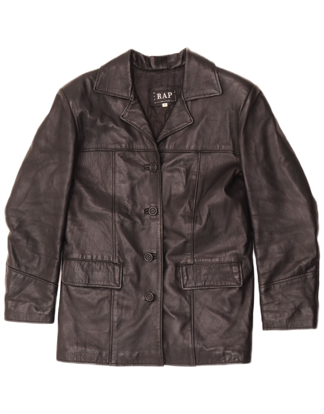 Vintage mujer cuero 4 botones Blazer chaqueta IT 40 pequeño cuero negro