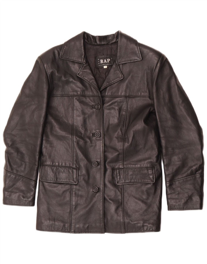 Vintage mujer cuero 4 botones Blazer chaqueta IT 40 pequeño cuero negro