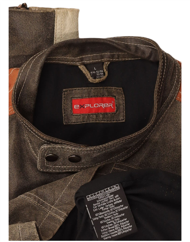 EXPLORER Chaqueta de cuero para hombre UK 40 Large Gris Colorblock Leather