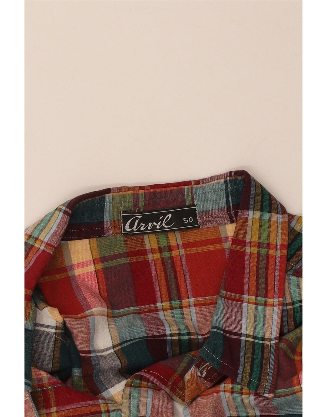 VINTAGE Camisa militar de manga corta para hombre IT 50 Cuadros medianos multicolores