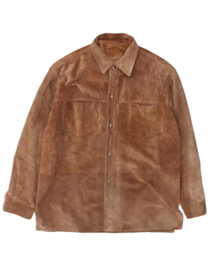 Vintage hombres sobrecamisa ante camisa IT 52 cuero marrón grande