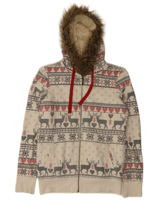 Marks & Spencer Suéter con capucha y cremallera para mujer UK 10 Small Off White Fair Isle