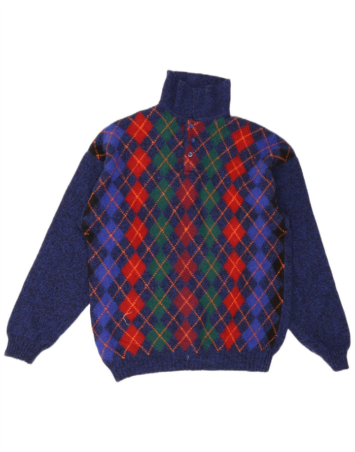 Benetton Jersey De Cuello Polo Para Hombre IT 48 Small Blue Argyle/Diamond Wool