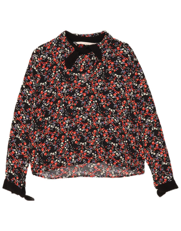 Zara Mujer Blusa De Manga Larga Top UK 44 Medio Viscosa Floral Negro