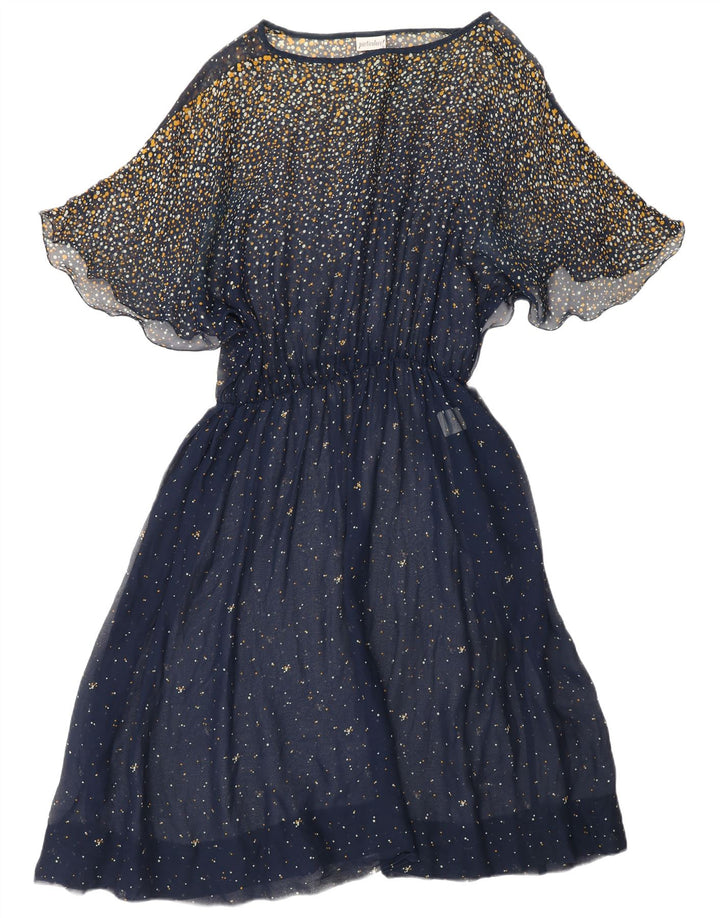 VINTAGE Mujer Batwing Maxi Vestido Reino Unido 18 XL Acetato Manchado Azul Marino