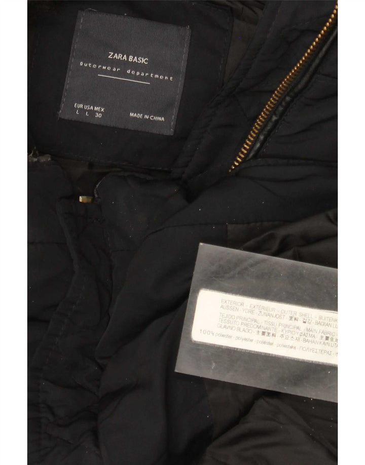 Zara Mujer Crop Chaqueta Acolchada Con Capucha UK 46 Grande Poliéster Negro