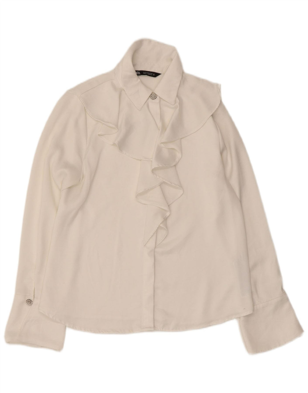 ZARA Blusa camisera con volante en la parte delantera para mujer UK 40 Small Poliéster blanco
