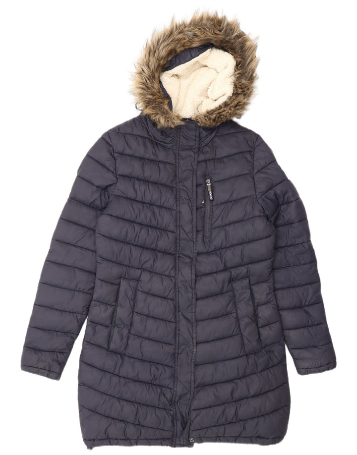 SUPERDRY Abrigo acolchado con capucha para mujer UK 44 Medium Azul marino Nylon