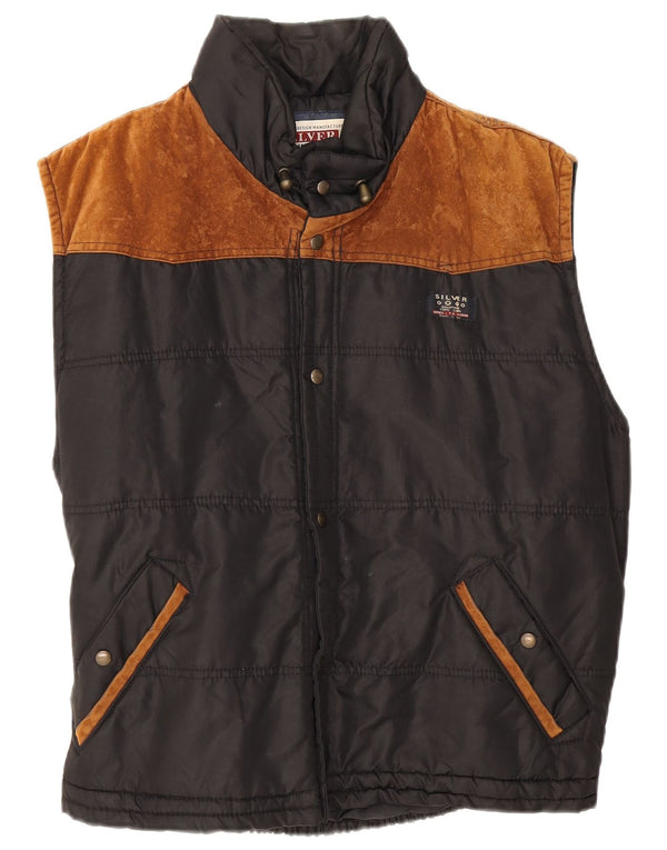 Vintage hombres acolchado Gilet Reino Unido 38 Poliéster negro medio