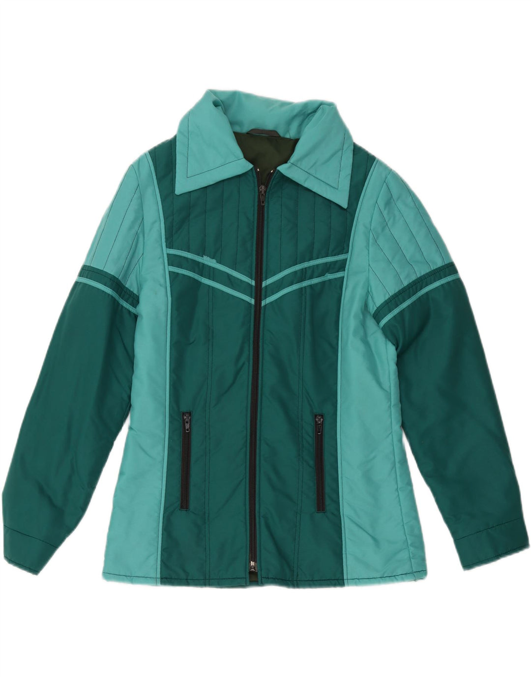 Vintage mujer cortavientos chaqueta Reino Unido 12 medio verde colorblock poliéster