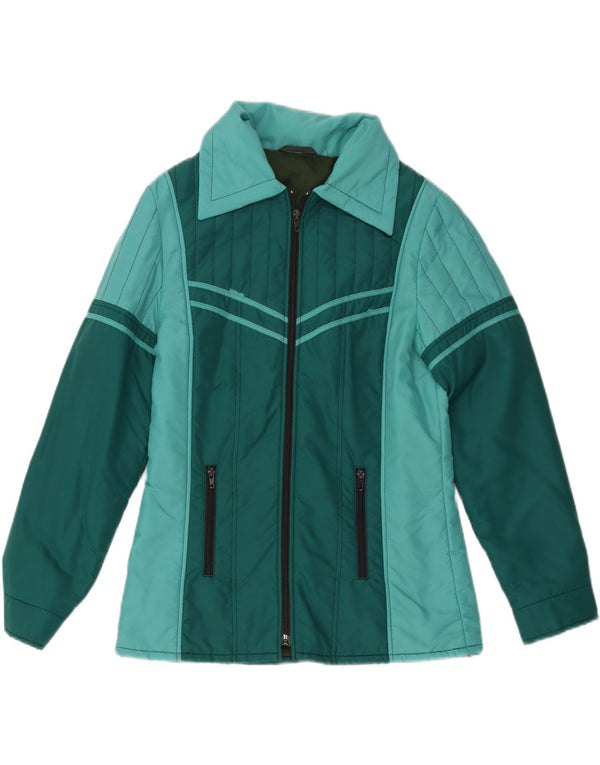 Vintage mujer cortavientos chaqueta Reino Unido 12 medio verde colorblock poliéster