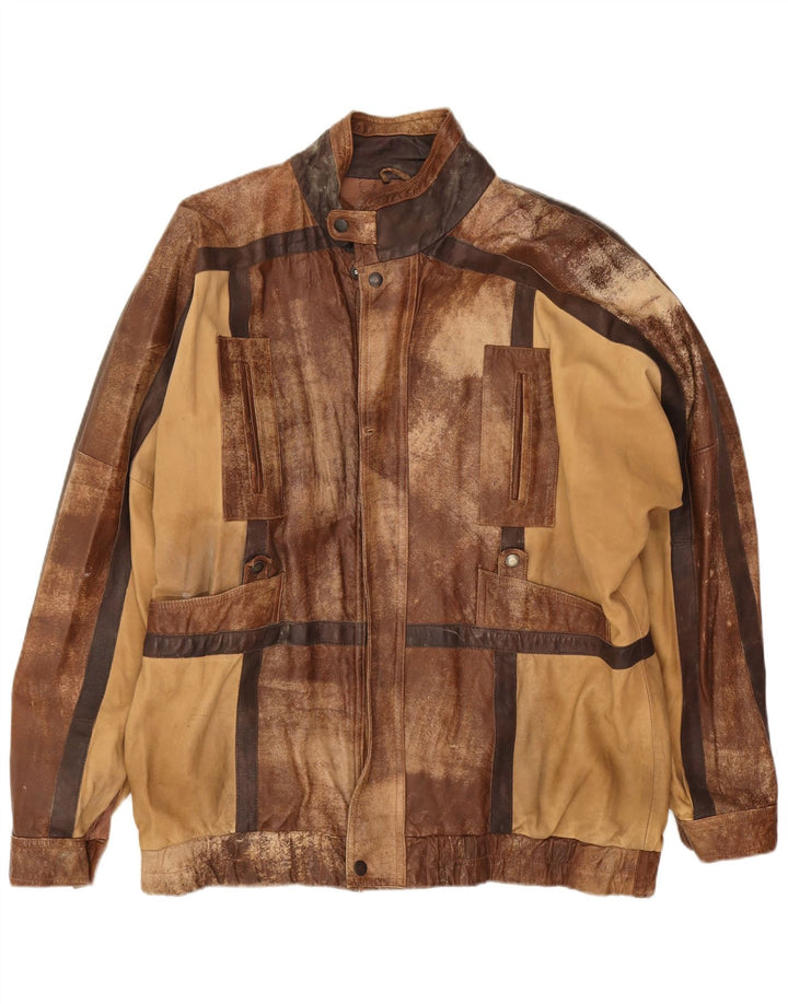 Vintage chaqueta de cuero para hombre Reino Unido 44 2XL marrón Patchwork