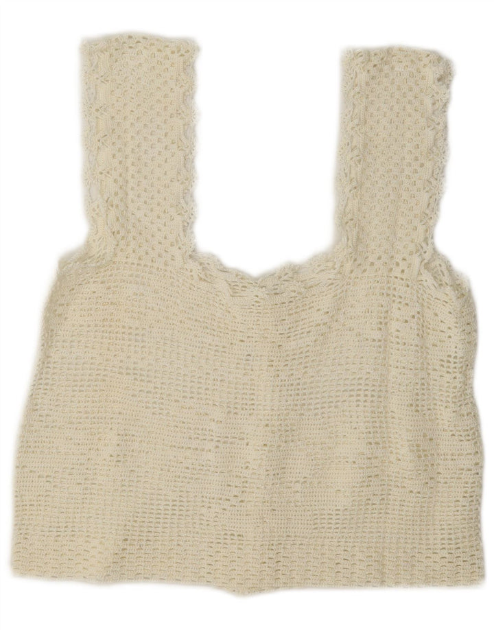 Vintage mujer crochet sin mangas crop top Reino Unido 12 medio blanco apagado