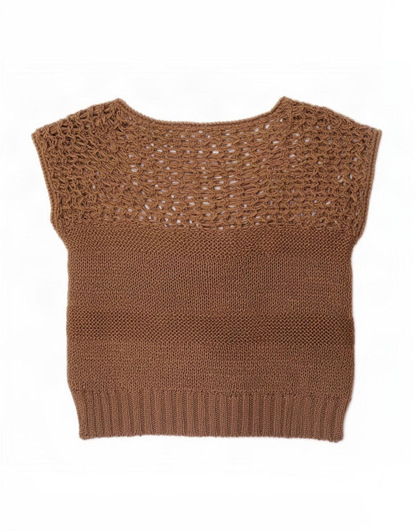 Vintage mujer manga corta barco cuello jumper suéter Reino Unido 10 pequeño marrón