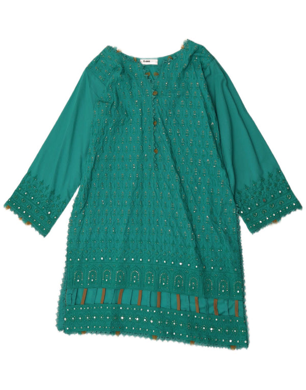 Vintage mujer manga larga vestido túnica Reino Unido 12 verde medio