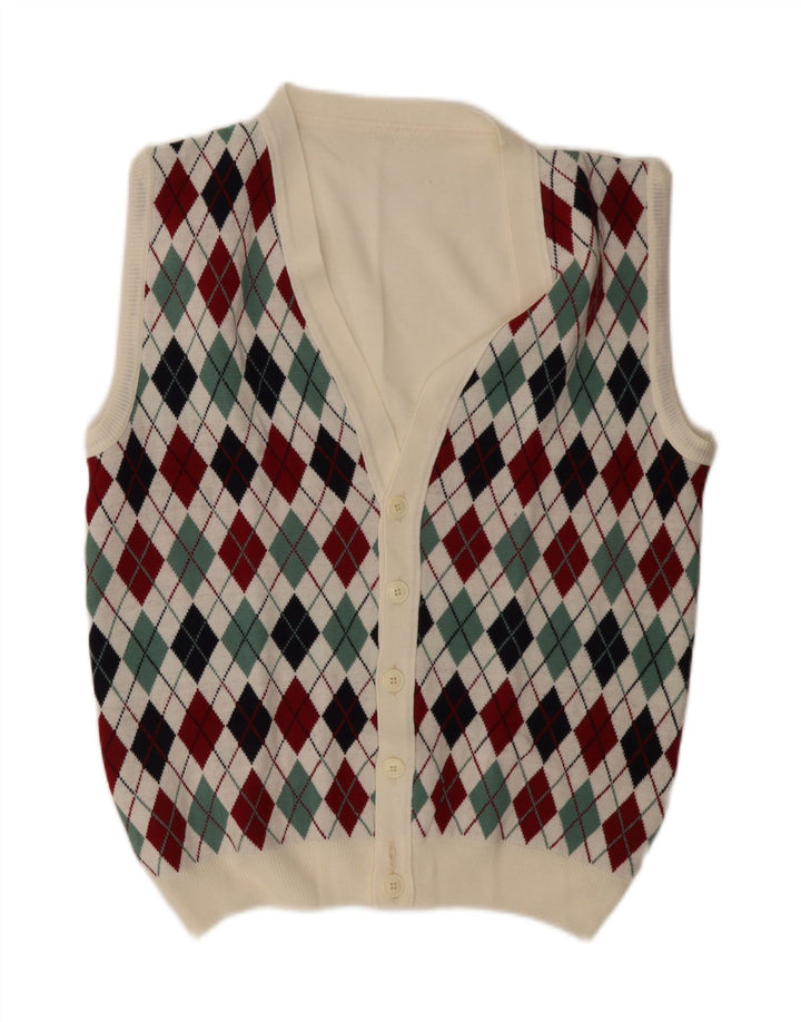 Vintage hombres sin mangas Cardigan suéter grande blanco Argyle/Diamond