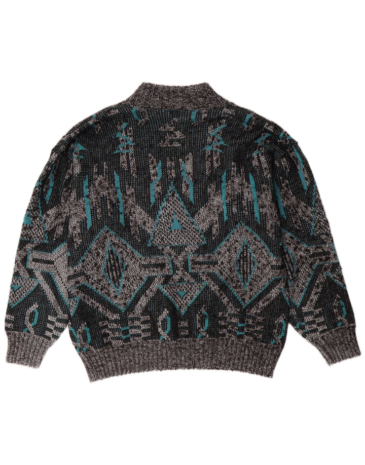 VINTAGE Hombres V-Cuello Jumper Suéter Grande Gris Geométrico