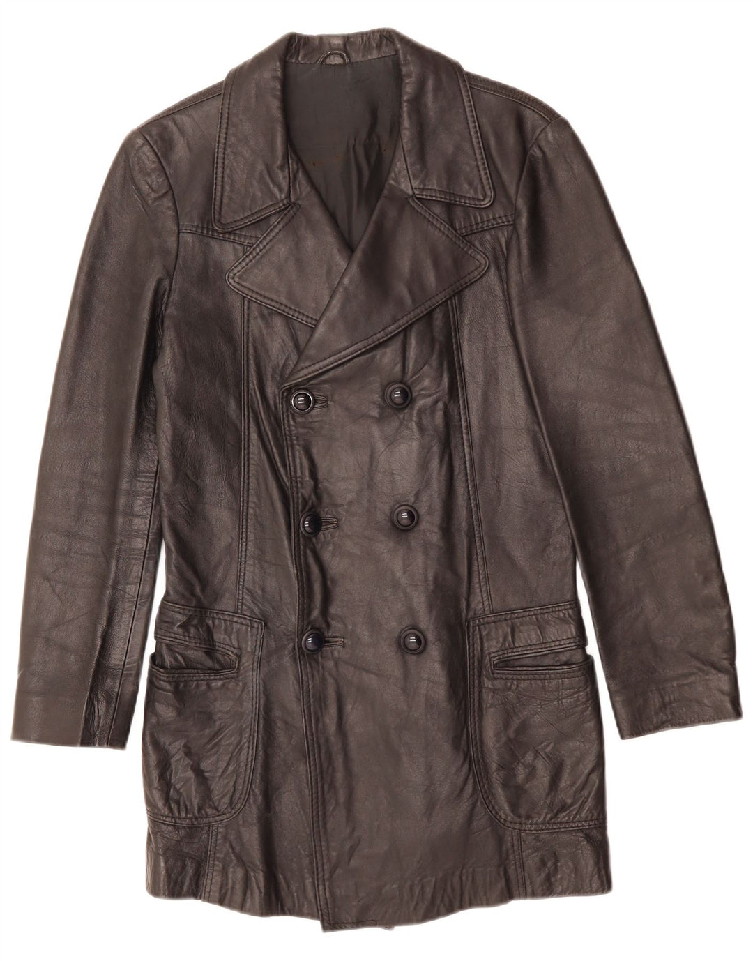 VINTAGE Hombres Abrigo de cuero de doble pecho Reino Unido 10 Pequeño Negro