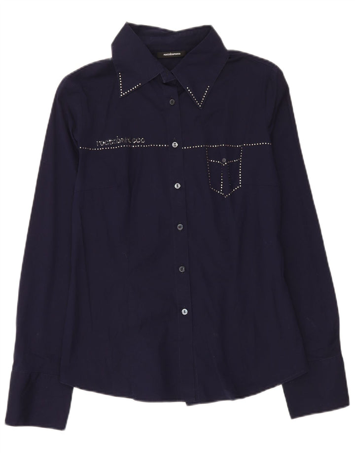 Roccobarocco Blusa camisera gráfica para mujer IT 44 Algodón azul marino mediano