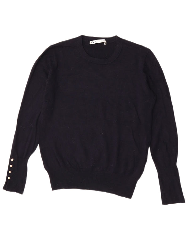 Zara Womens Crew Neck Jumper Sweater UK 12 Medium Navy Blue Viscose