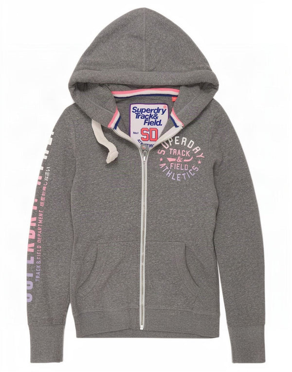 Superdry Sudadera con capucha y cremallera gráfica para mujer, talla 40, talla pequeña, color gris moteado