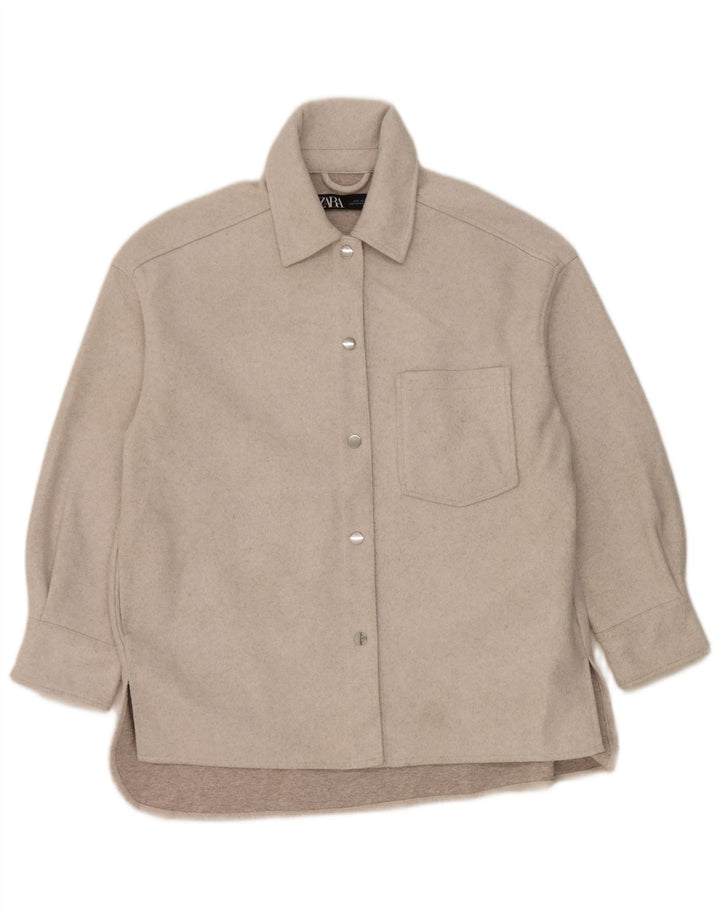 Zara Mujer Camisa De Franela Extragrande UK 10 Small Gris Poliéster