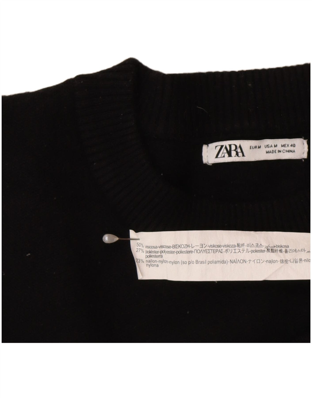 Zara - Jersey de cuello redondo para mujer, talla 40, talla mediana, viscosa negra