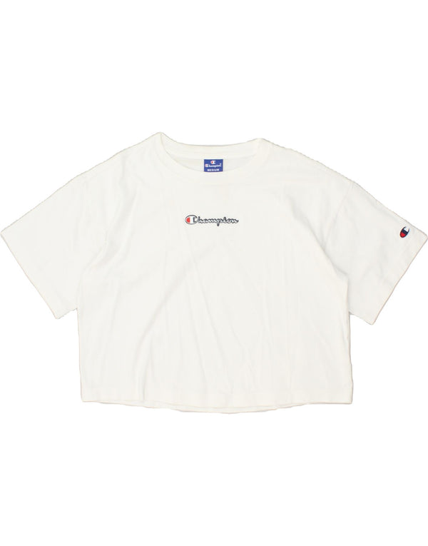 CHAMPION Womens Crop Graphic T-Shirt Top UK 14 Medium White Cotton