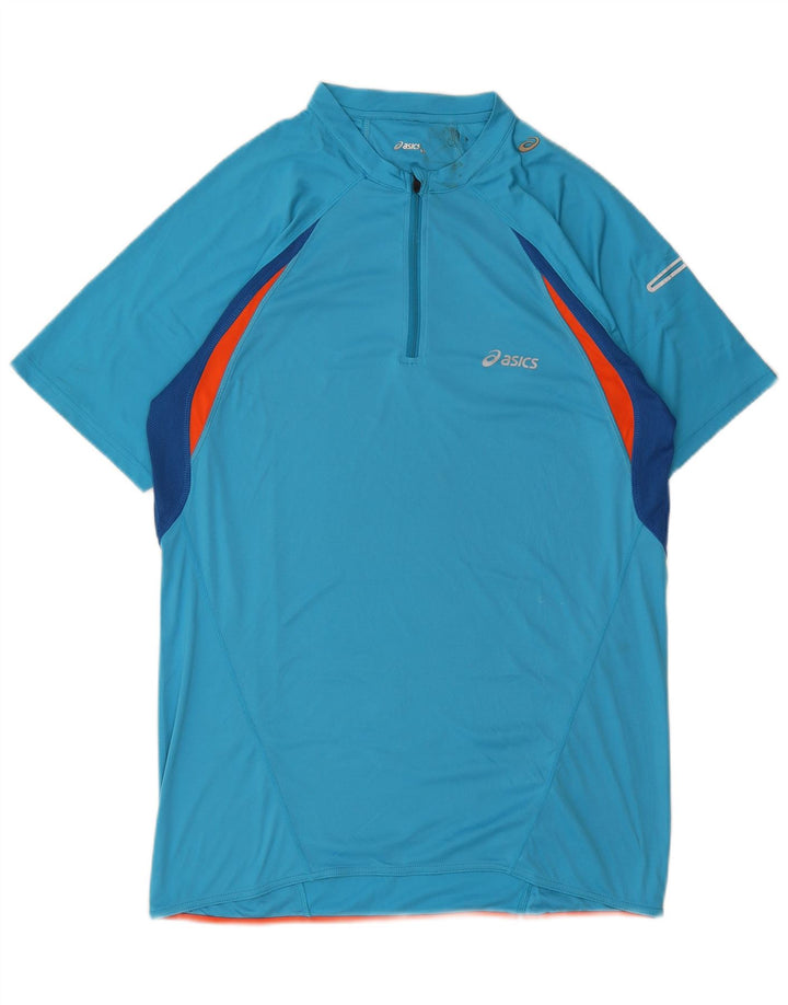 ASICS Mens Zip Neck T-Shirt Top XL Blue Colourblock Polyester