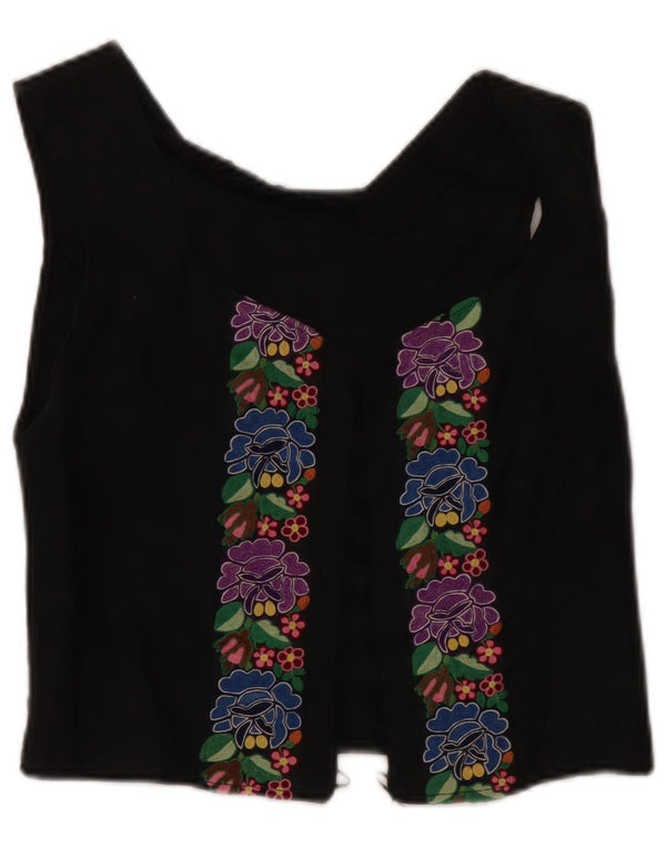 Vintage mujeres crop sin mangas cardigan top Reino Unido 8 pequeño negro floral