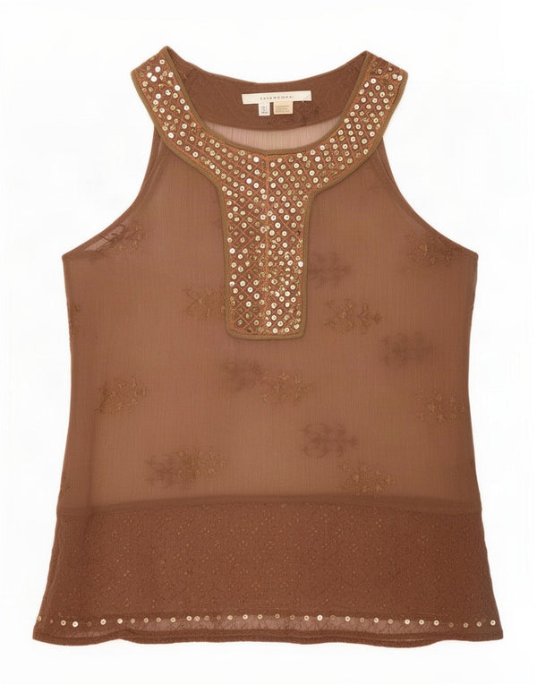 Zara Mujer Blusa Sin Mangas Top UK 44 Grande Rayón Floral Marrón