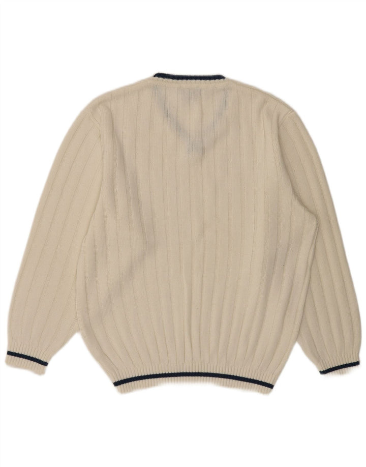 VINTAGE Hombres V-Cuello Jumper Suéter Reino Unido 40/42 Medio Blanco Poliacrílico
