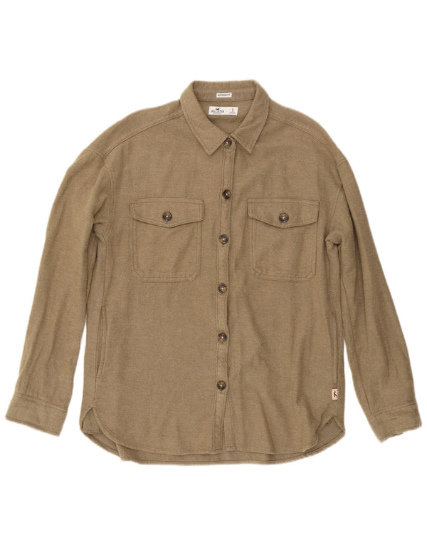 Hollister Camisa de franela extragrande con ajuste estilo novio para mujer, talla 40, color beige