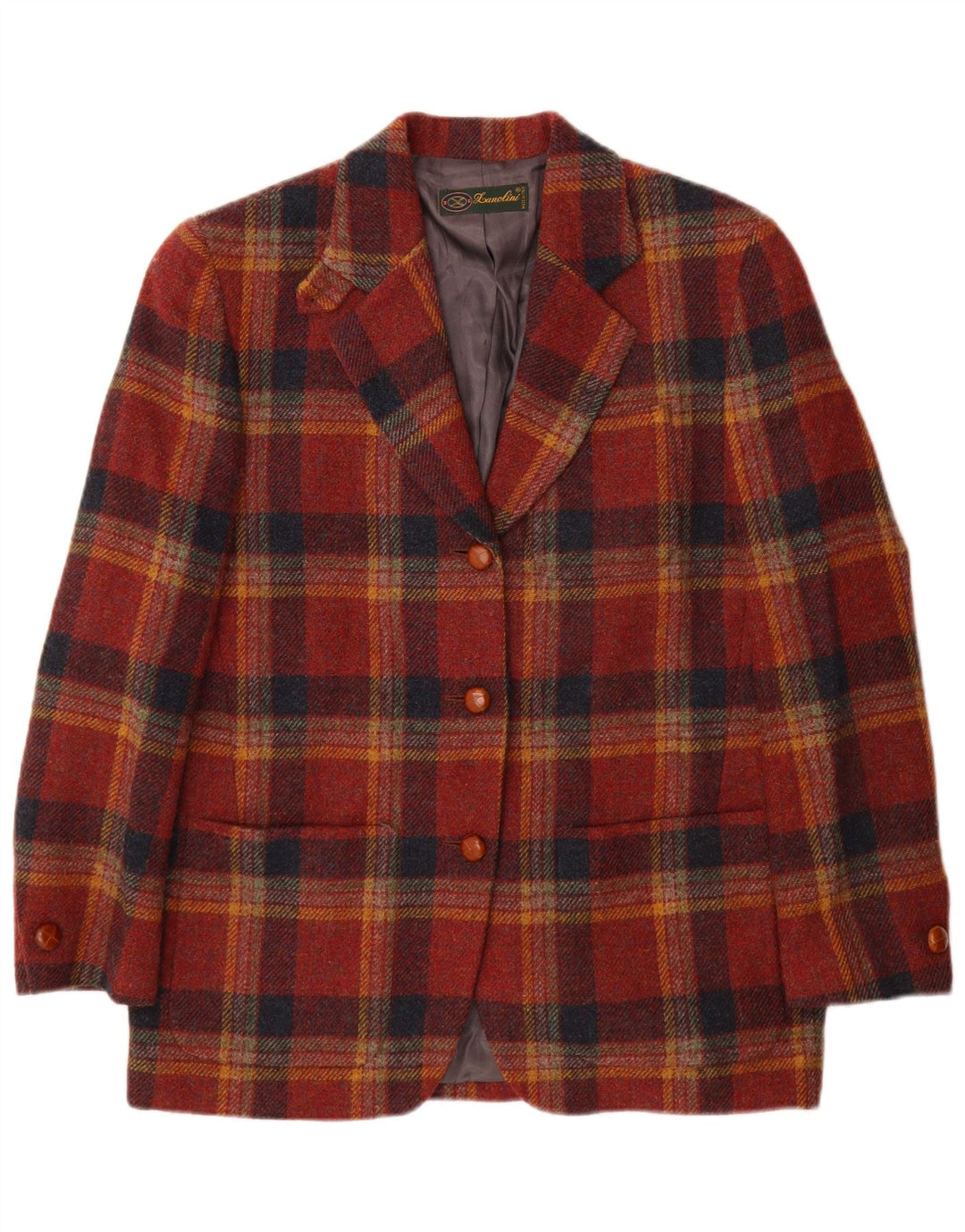 Chaqueta Blazer De Mujer Lanolini De 3 Botones IT 42 Lana A Cuadros Marrón Medio