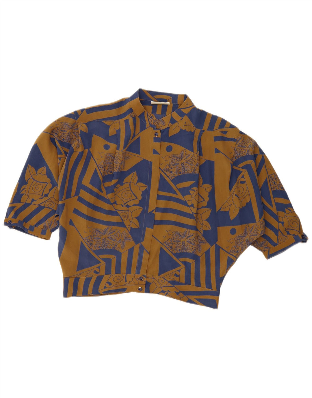 VINTAGE Blusa camisa de manga corta para mujer IT 46 Seda floral marrón grande