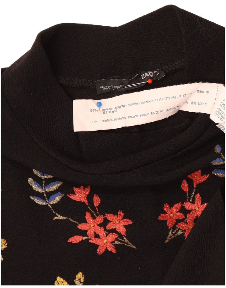 Zara Vestido recto de manga larga para mujer UK 40 Pequeño Poliéster floral negro