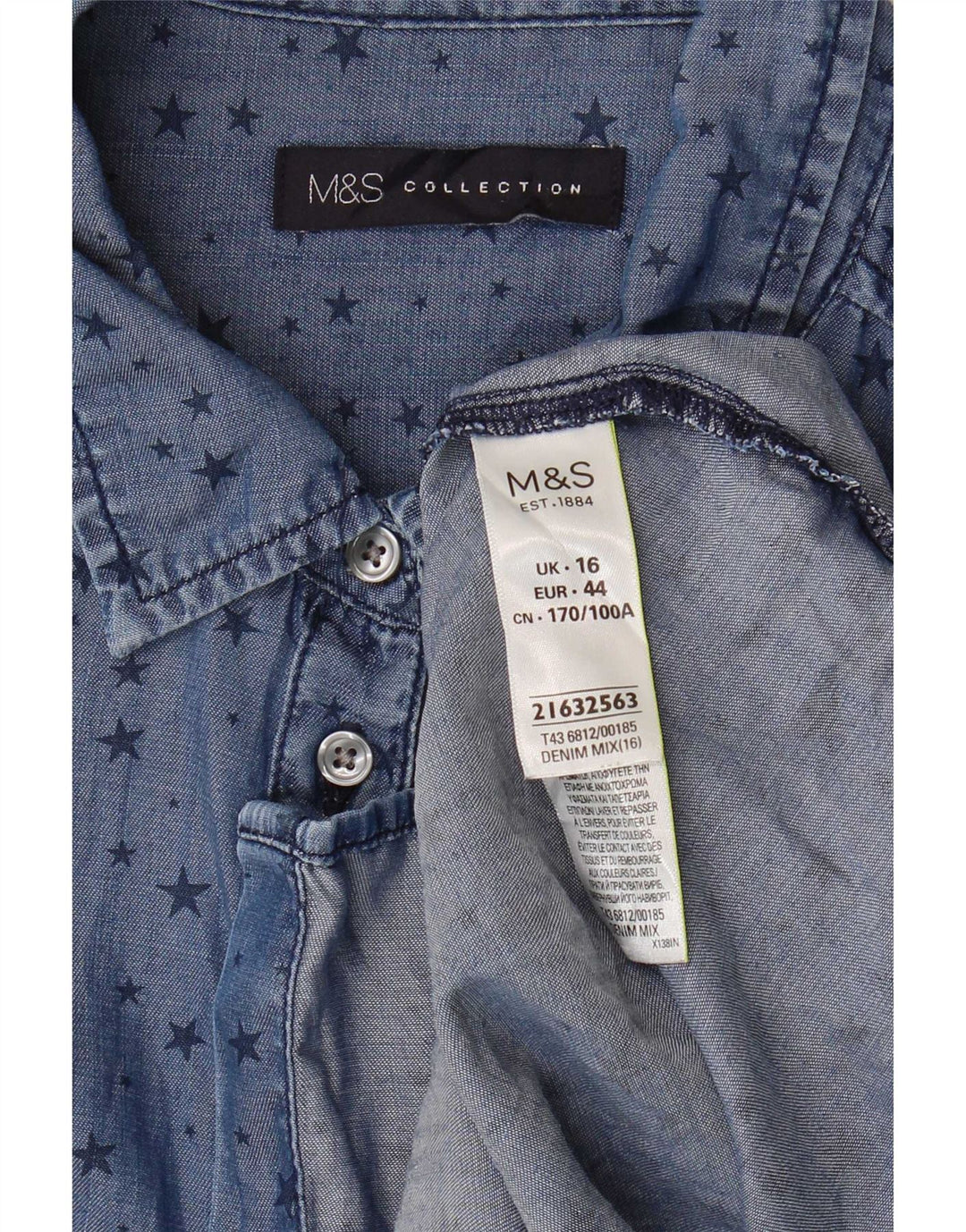Marks & Spencer Camisa larga con estampado abstracto para mujer, talla 40, color azul