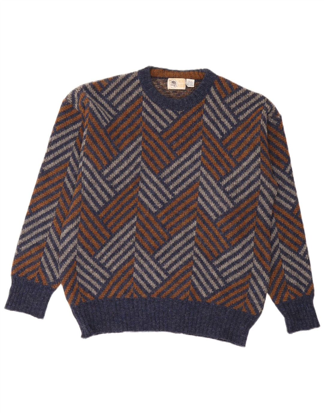 Vintage hombres cuello redondo jersey suéter grande multicolor Chevron lana