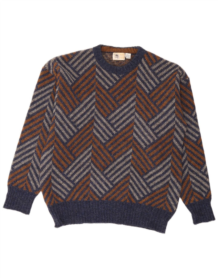 Vintage hombres cuello redondo jersey suéter grande multicolor Chevron lana