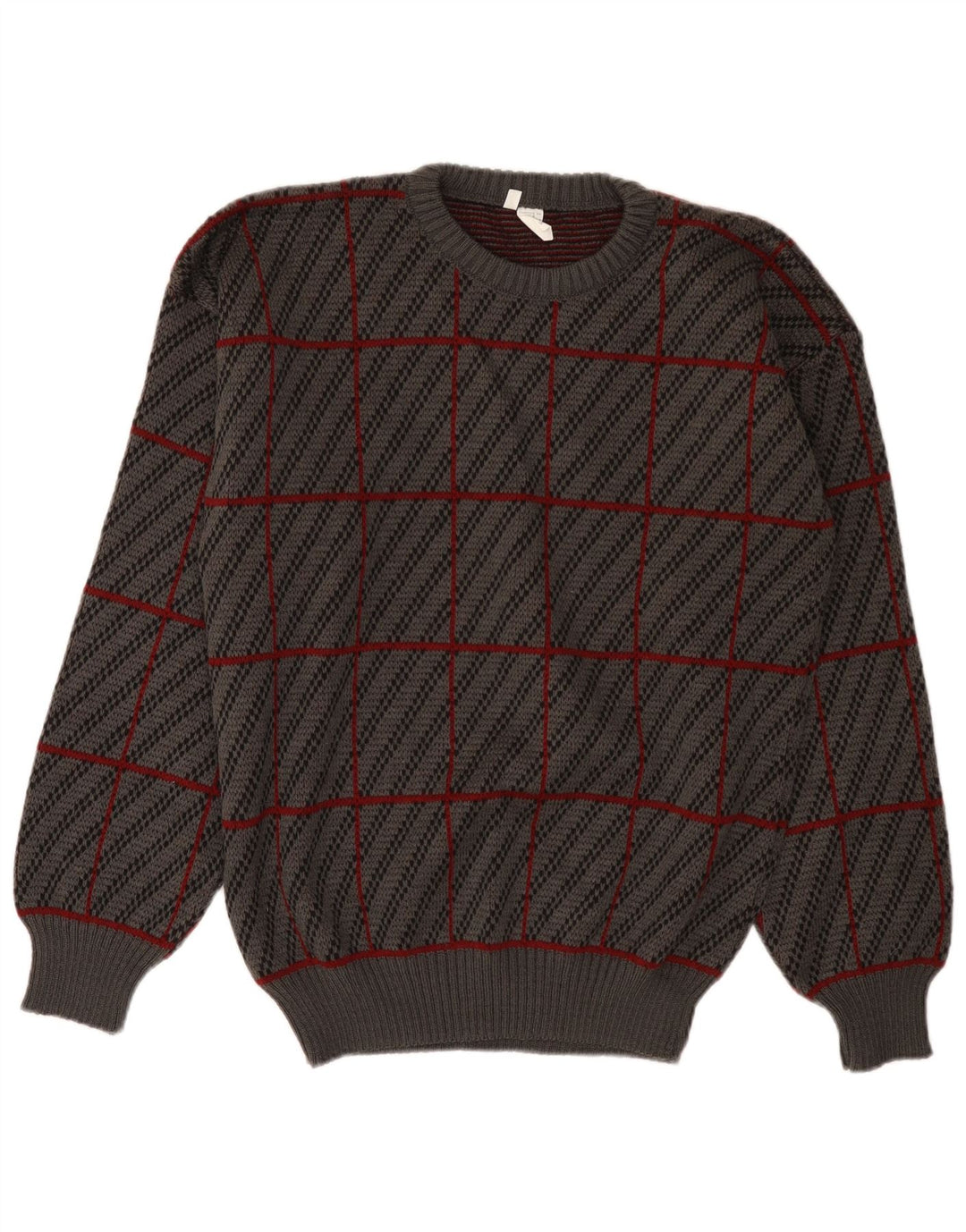 Vintage hombres cuello redondo jersey suéter IT 50 gris medio cuadros acrílico