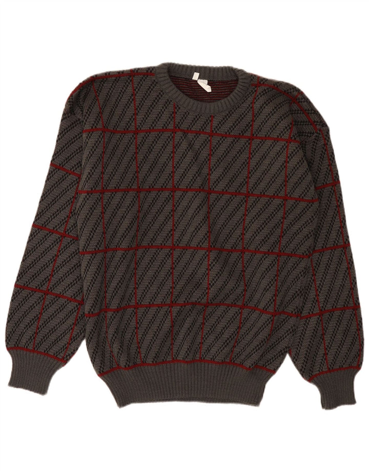 Vintage hombres cuello redondo jersey suéter IT 50 gris medio cuadros acrílico