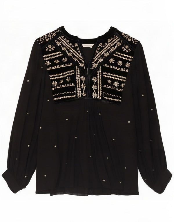 Monsoon Blusa de manga larga para mujer UK 40 XL Negro Floral